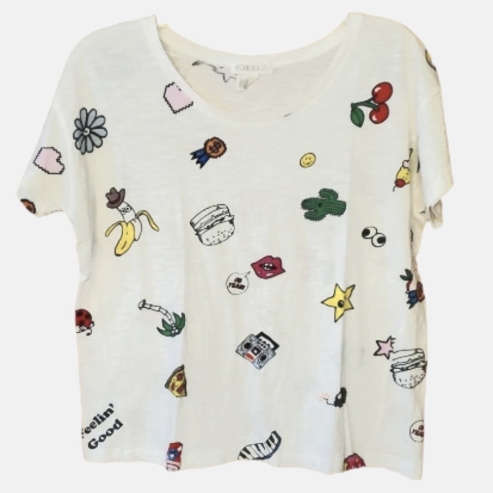 Forever 21‎ Womans Cartoon Pop Art Short Sleeve Cropped Shirt Size Medium